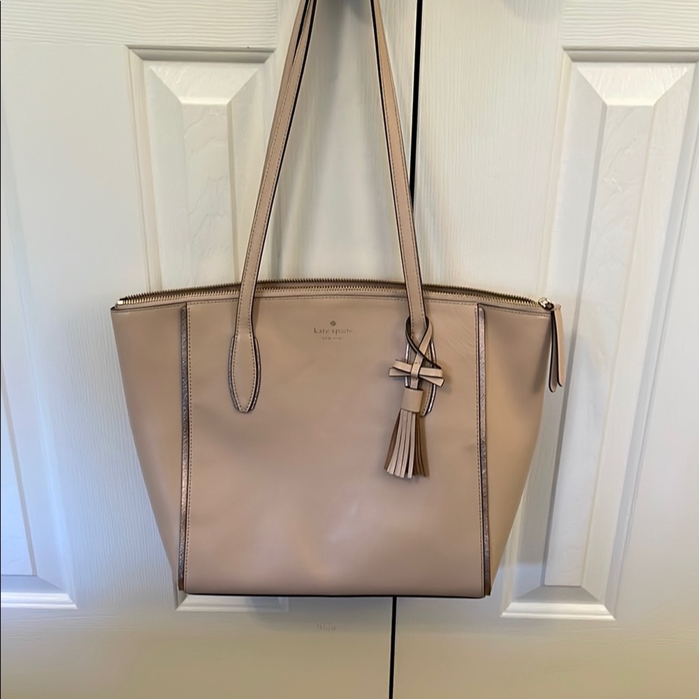 kate spade Blush Tan Leather Zip-Top Tote with Tassel